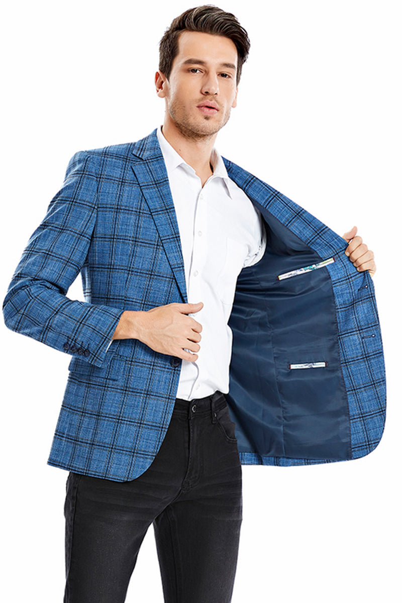 "Teal Blue Glen Plaid Men's Slim Fit Sport Coat Blazer - Two Button"