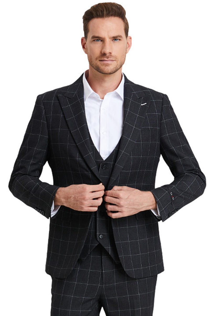 "Black Men's Plaid Suit - One Button Peak Lapel Vested Bold Chalk Windowpane"