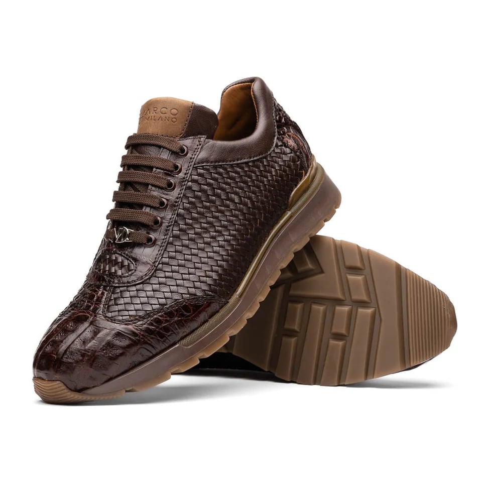 Marco Di Milano Roma Men's Shoes Brown Woven Calfskin / Genuine Caiman Crocodile Fashion Sneaker - 8