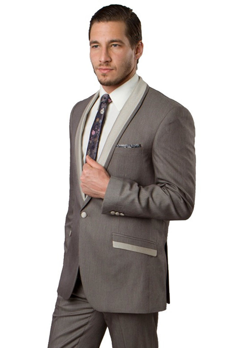 "Men's Slim Fit Shawl Lapel Tuxedo - One Button, Dark Tan Beige"