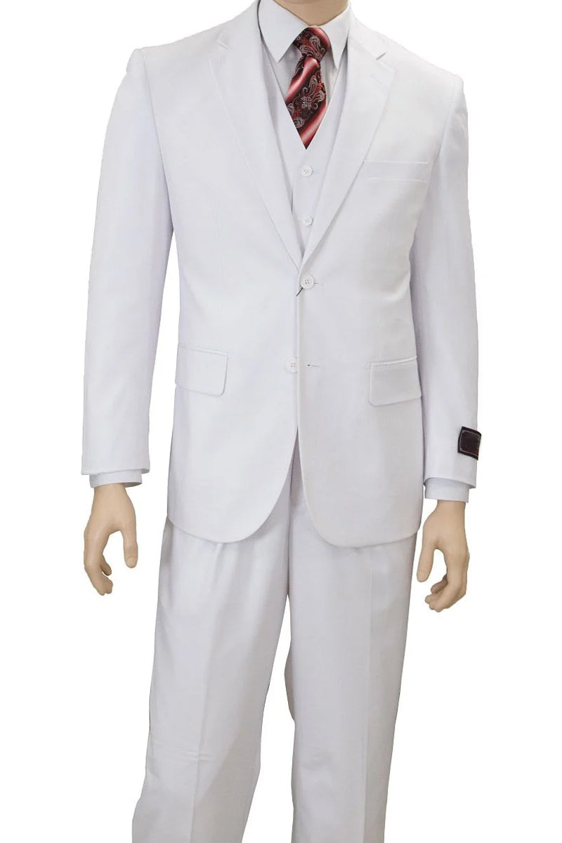 "White Men's Classic Fit 2-Button Vested Suit with Single Pleated Pants"