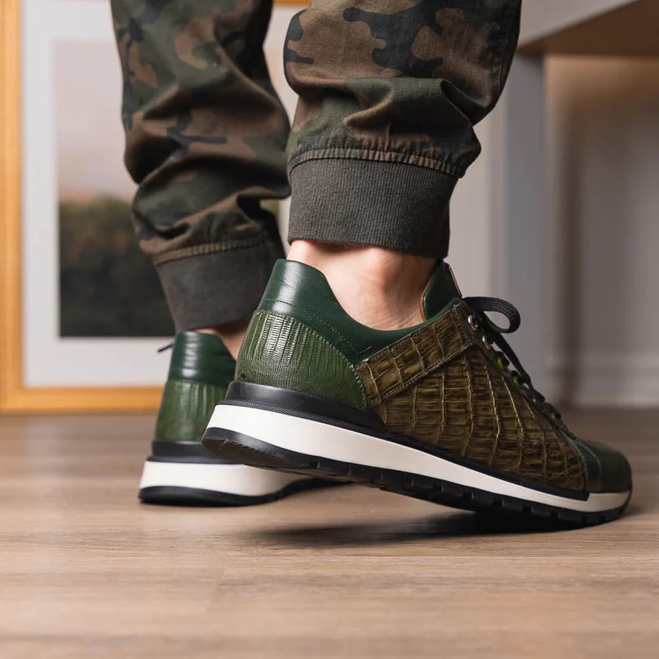 Marco Di Milano Portici Men's Shoes Green & Olive Exotic Lizard / Crocodile Casual Sneakers - 8