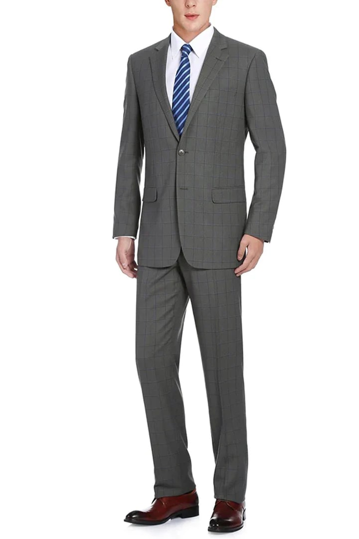 Cheap Priced Suit - Mens Two Button Slim Fit Two Piece Suit In Grey Windowpane Plaid - 38 Short Jacket+32 Waist Adjustable 28to34)(Height: 5 4 to5 7 )(Neck  15-16.5)S-M)