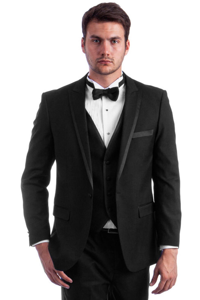 Black Wedding Tuxedo for Men - One Button Peak with Satin Trim