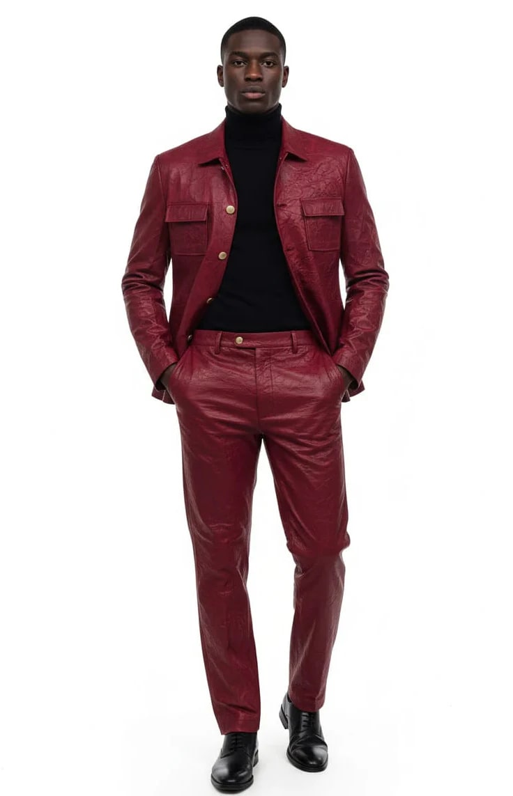 Two Piece Slim Fit Faux Leather Casual Suit Burgundy