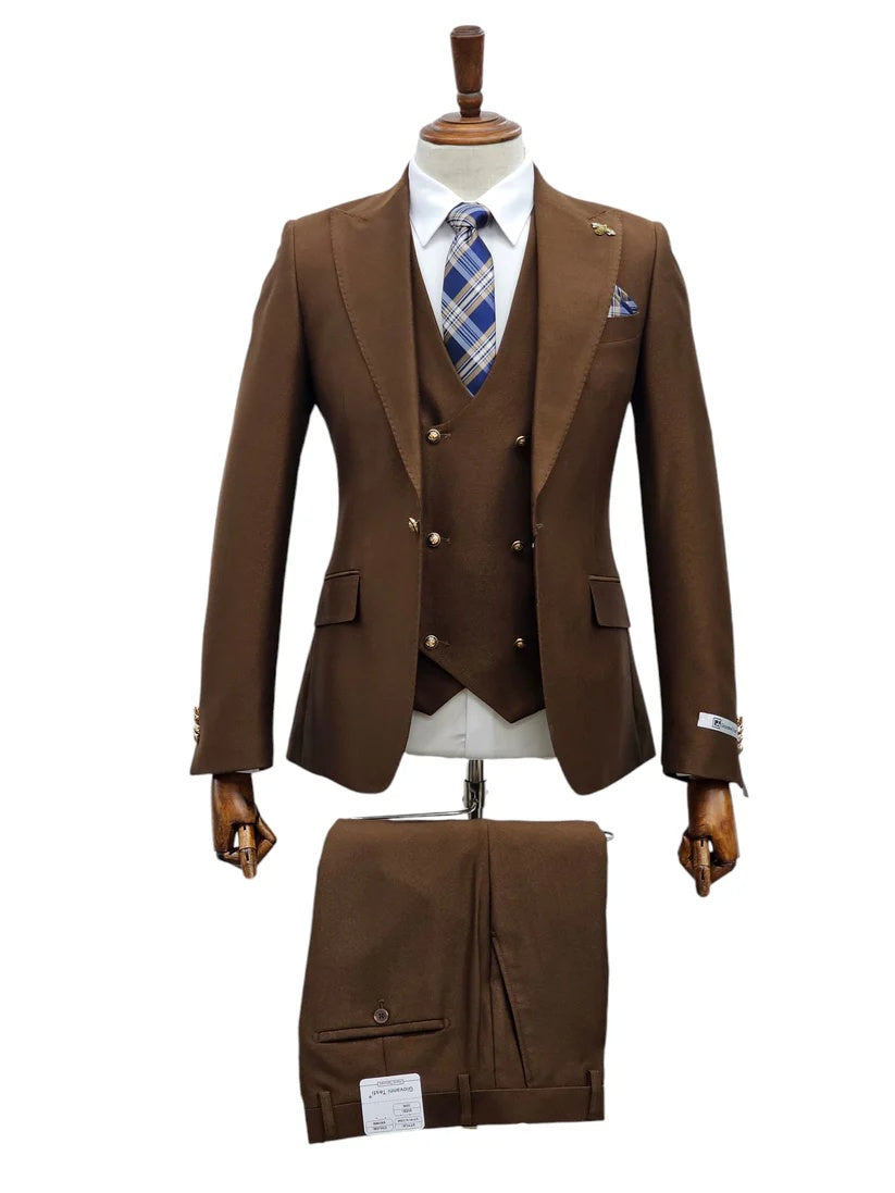 Mens Giovanni Testi Brown 3 Piece Slim Fit Suit ā Peak Lapel, Double Breasted Vest, Center Vent Blazer