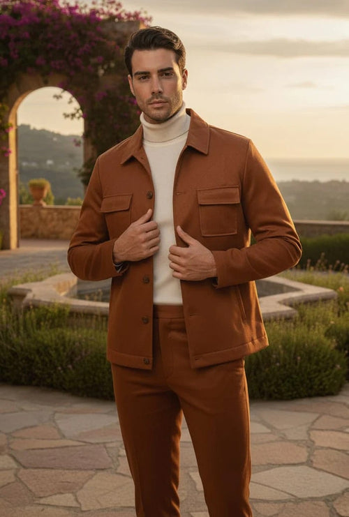 Mens Two Piece Slim Fit Faux Leather Casual Suit Brown