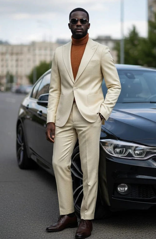 Mens One Button Peak Lapel Basket Weave Pattern Slim Fit Suit Ivory