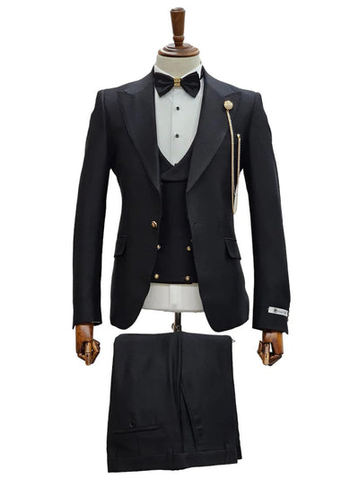 Mens Giovanni Testi Black Slim Fit 3 Piece Suit – One Button Peak Lapel, Double Breasted Vest, Modern Center Vent