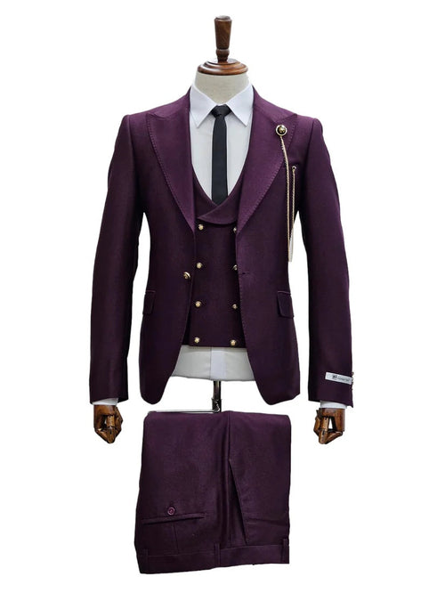 Mens Giovanni Testi Eggplant 3 Piece Suit – Slim Fit 1 Button Peak Lapel Formal Tuxedo Suit