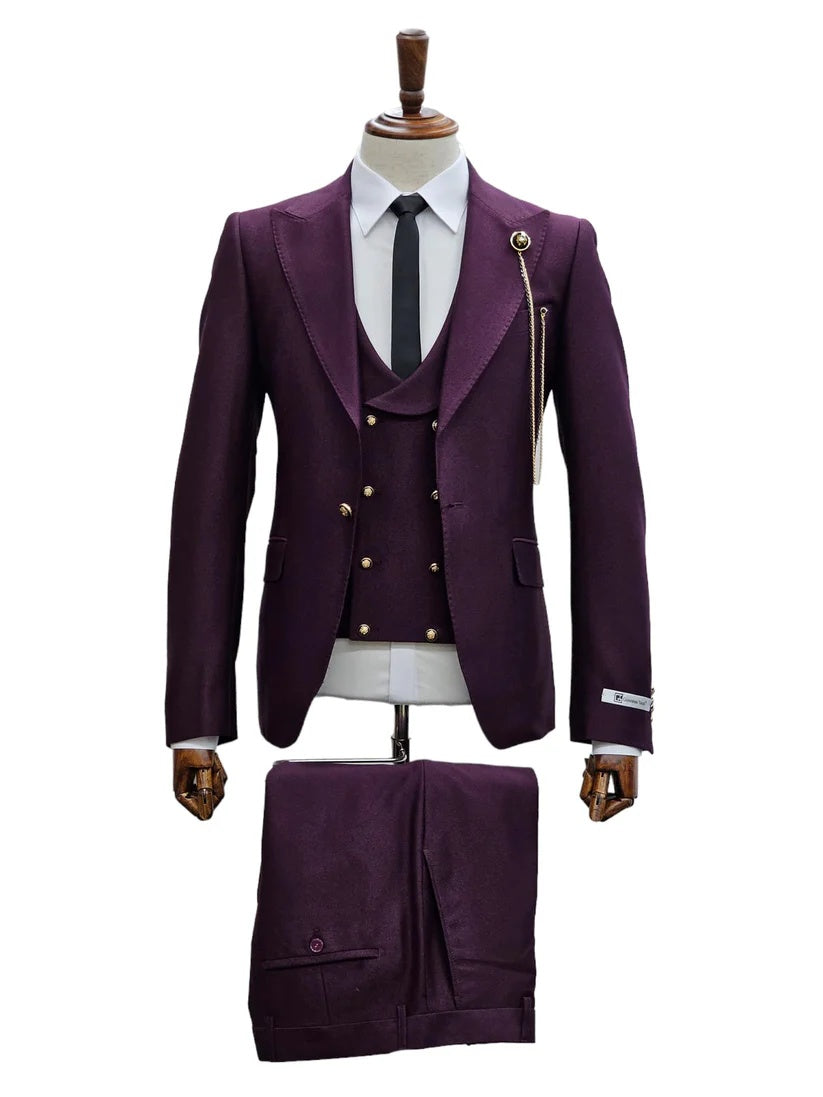Mens Giovanni Testi Eggplant 3 Piece Suit β Slim Fit 1 Button Peak Lapel Formal Tuxedo Suit