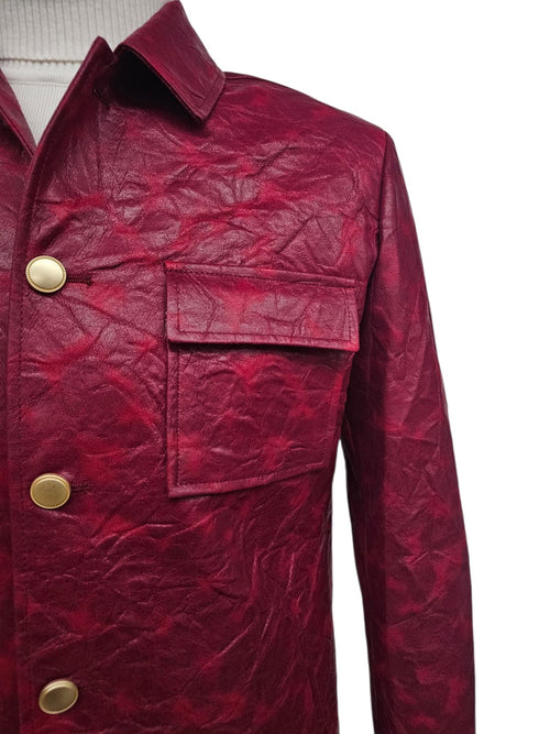 Two Piece Slim Fit Faux Leather Casual Suit Burgundy
