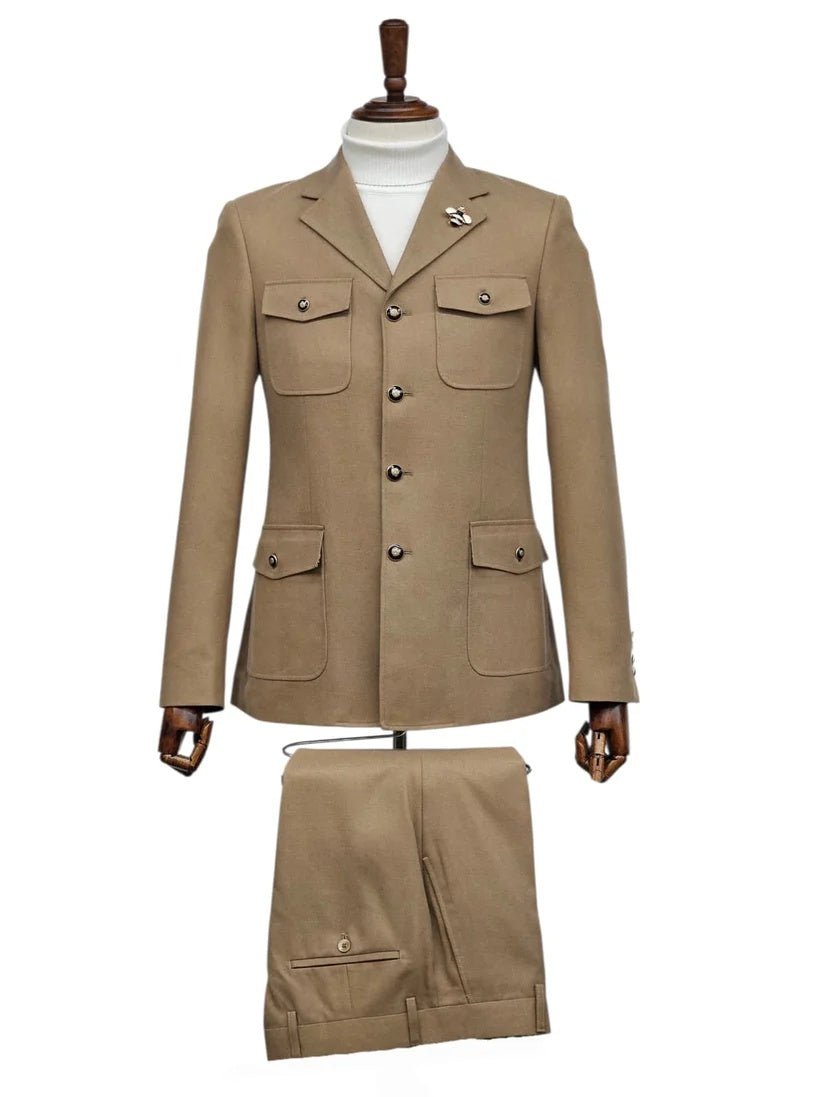 Mens Giovanni Testi Beige 2-Piece Suit β Slim Fit 4-Button Blazer with Patch Pockets