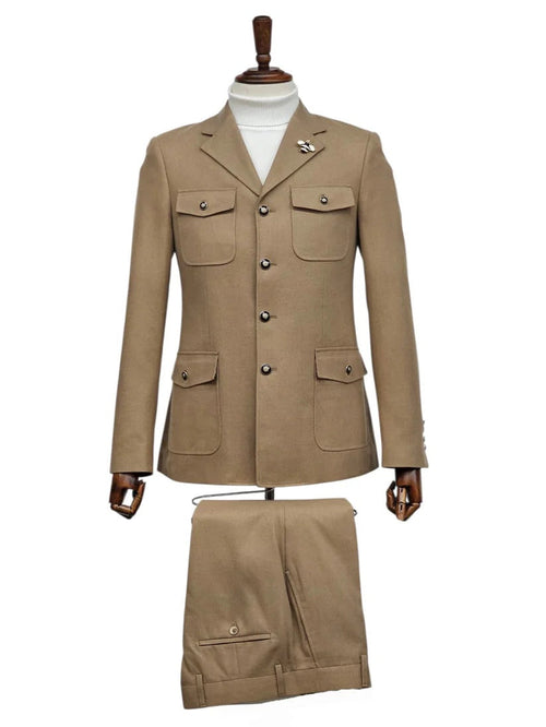 Mens Giovanni Testi Beige 2-Piece Suit β Slim Fit 4-Button Blazer with Patch Pockets