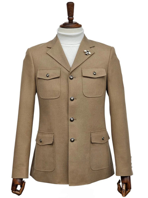 Mens Giovanni Testi Beige 2-Piece Suit β Slim Fit 4-Button Blazer with Patch Pockets