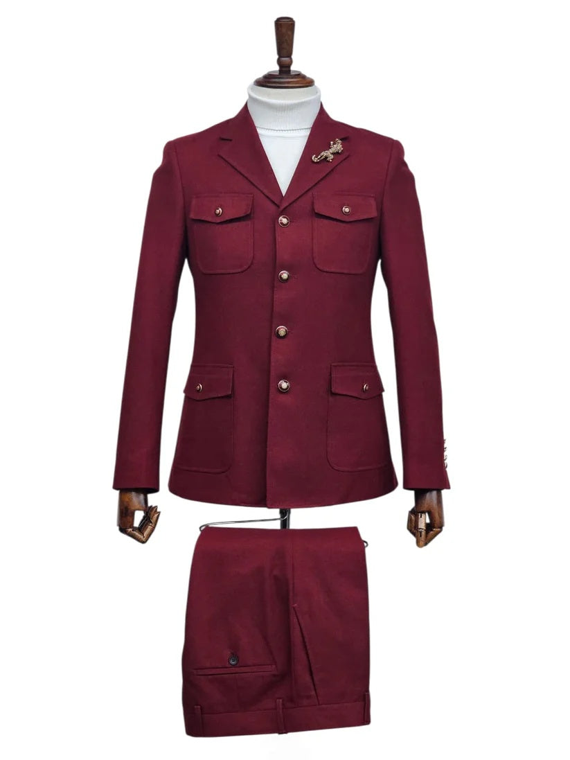 Mens Giovanni Testi 2 Piece Burgundy Suit ā Slim Fit 4 Button Blazer with Notch Lapel & Flap Pockets