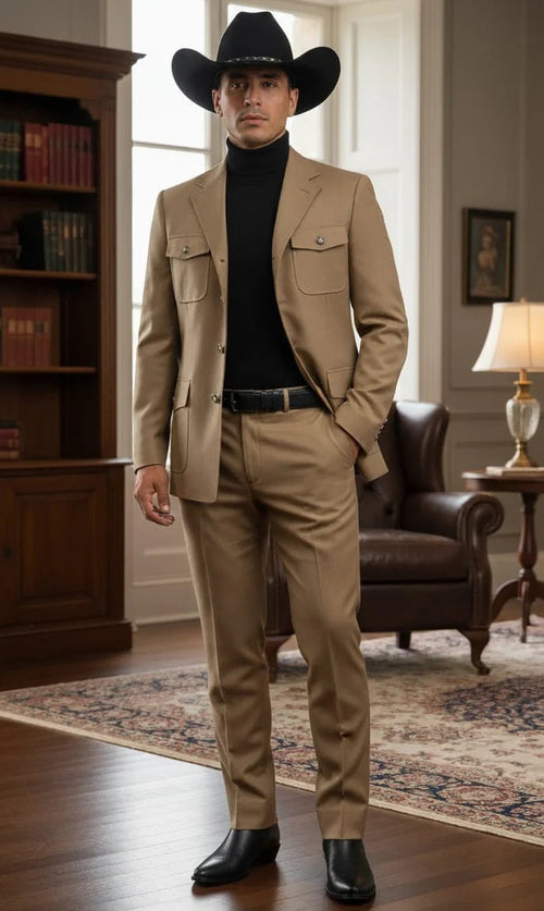Mens Giovanni Testi Beige 2-Piece Suit β Slim Fit 4-Button Blazer with Patch Pockets
