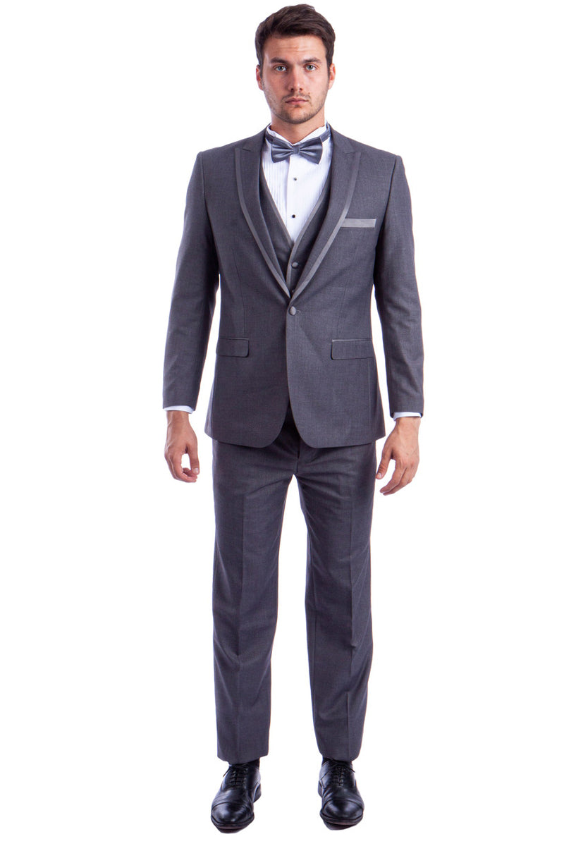 "Grey Men's Wedding Tuxedo - One Button Peak with Satin Trim"