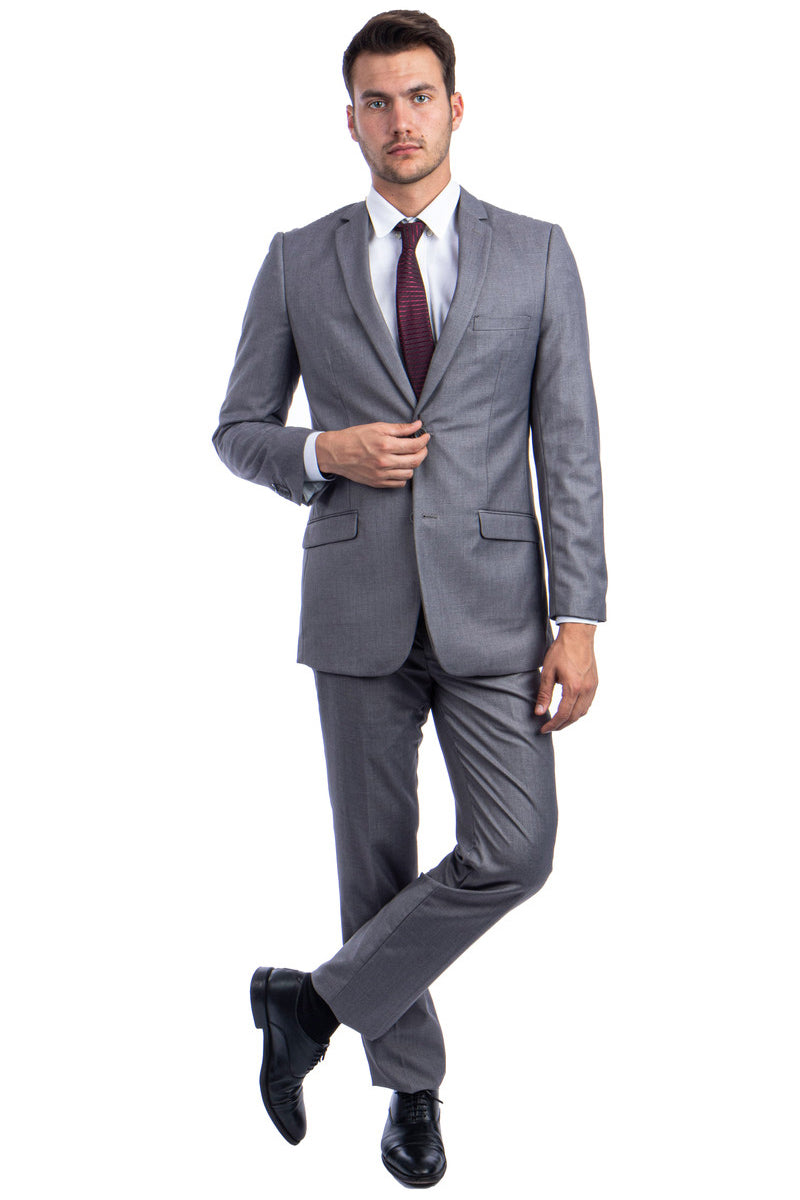 "Grey Hybrid Fit Men's Vested Suit - Two Button Basic Style"