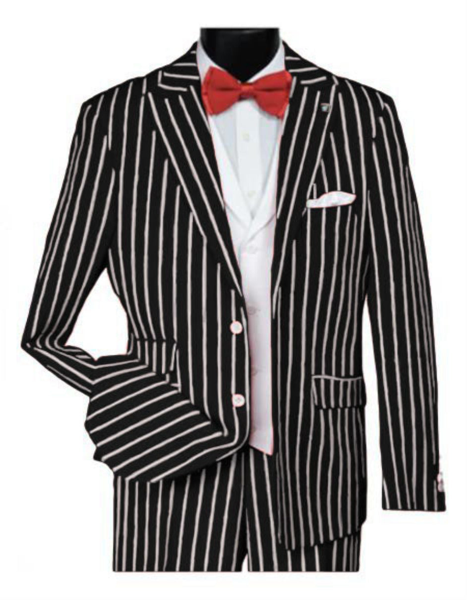 1920s Mens Vested Bold Gangster Pinstripe Suit in Black - 34 Short or Extra Small