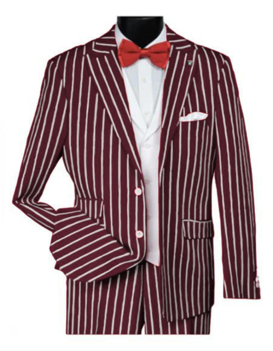 1920s Mens Vested Bold Gangster Pinstripe Suit in Burgundy - 34 Short or Extra Small