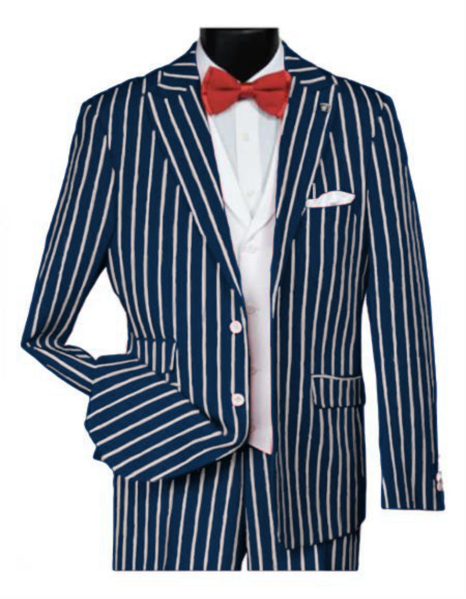 1920s Mens Vested Bold Gangster Pinstripe Suit in Navy - 34 Short or Extra Small