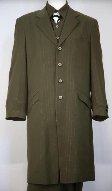 Pinstripe Zoot Suit For Men - Gangster Wedding Suit in Olive - 38 Short Jacket+32 Waist Adjustable 28to34)(Height: 5 4 to5 7 )(Neck 15-16.5)S-M)