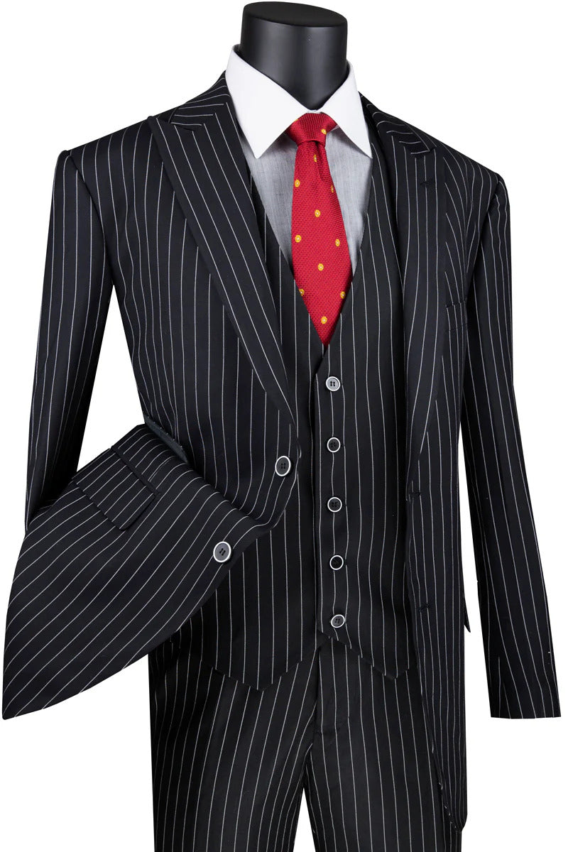 Mens Vested Gangster Pinstripe 1920's Suit in Black