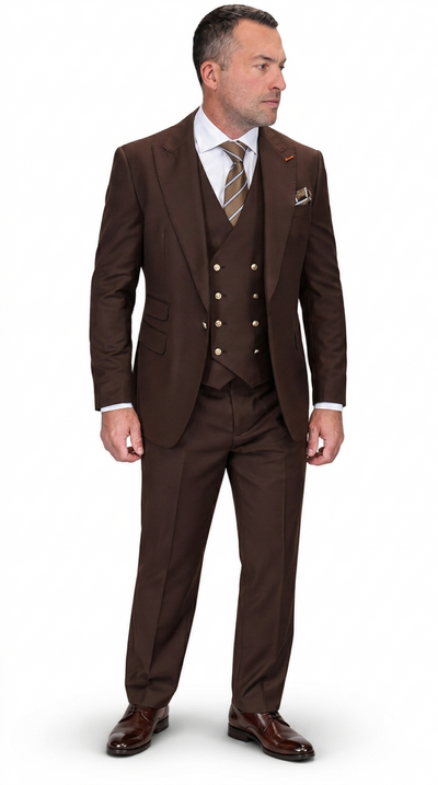 3-Piece Peak Lapel Suit with Gold Button Vest - Brown