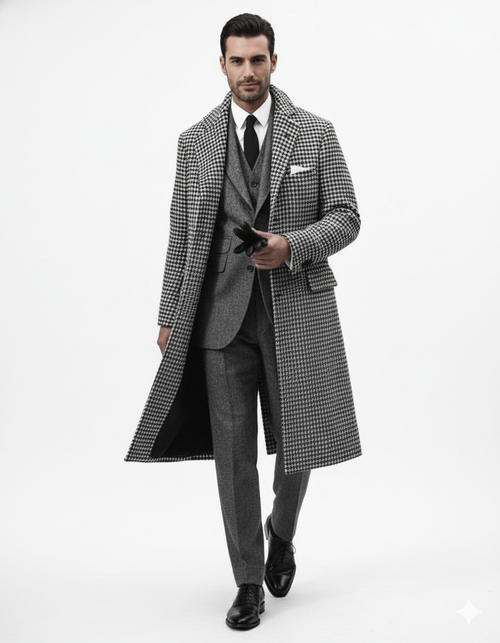 Houndstooth Overcoat - Black and White Checker And Cashmere Fabric Topcoat By Alberto Nardoni-New Designer Collection