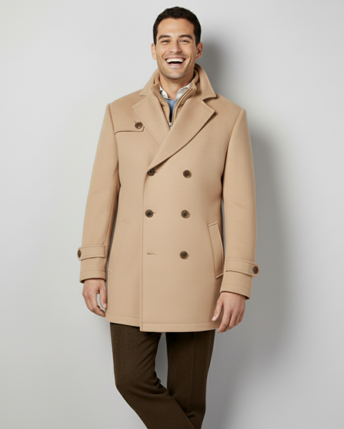 Camel Double-Breasted Wool-Blend Peacoat with Knit Bib