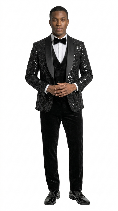 Men's Black Velvet Patterned Shawl Lapel Tuxedo Set for Wedding & Prom