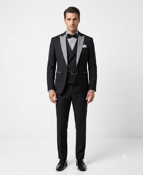 Mens Black And White Lapel 3 Piece Tuxedo Suit with Silver Gray Satin Lapel | Formal Wedding Prom Suit Set