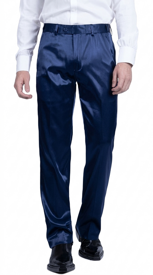 Mens Shiny Stretch Pants Solid Color Slim Fit Sateen Flashy Metallic Slacks in Color "Navy"