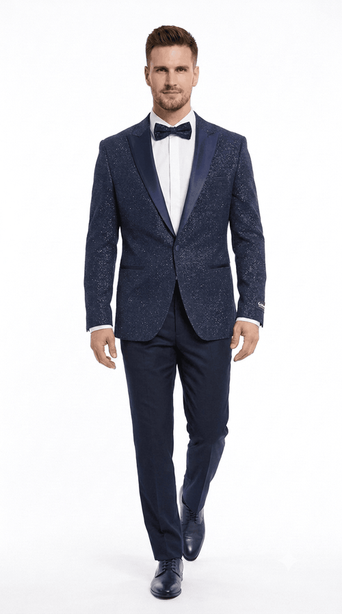Mens Navy Blue Tuxedo Sparkly Shiny Dinner Jacket + Pants