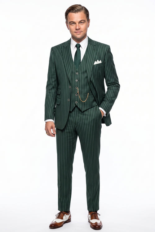 Men’s Hunter Green Pinstripe 1920s Gangster 3 Piece Suit, Great Gatsby Formal Outfit for Weddings, Prom, Parties, and Theme Events