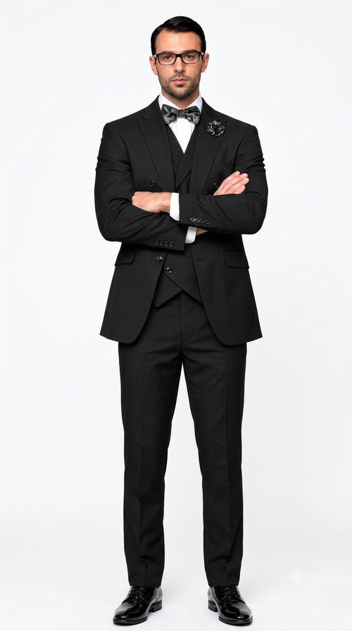 Men’s 3 Piece Classic Fit Suit with Double-Breasted Vest and Pleated Pants - Black