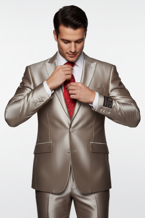 2 Button Style Jacket Flat Front Pants Notch Collar- Shiny suit
