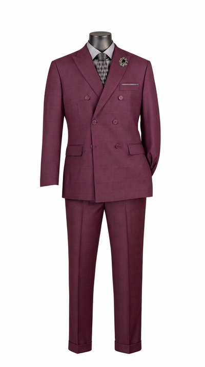 2-Piece Double Breasted Glen Plaid Regular Fit Suit - Burgundy