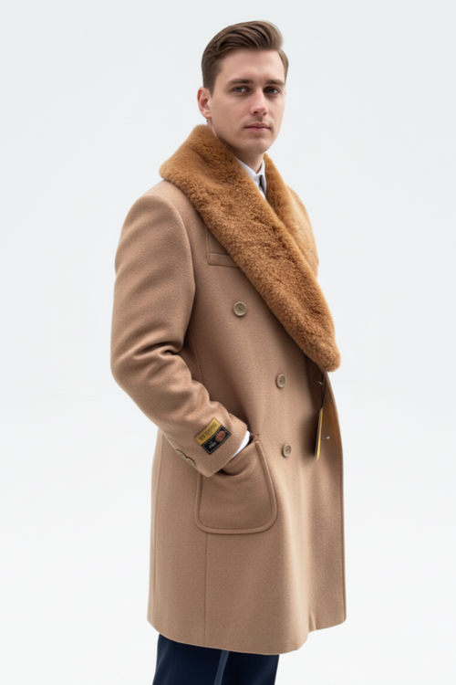 Mens Camel Color Peacoat - Mens Wool Camel Peacoat