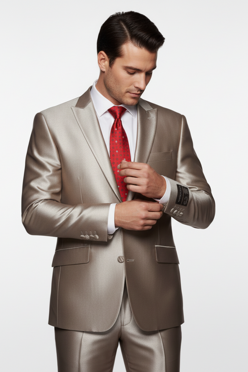 2 Button Style Jacket Flat Front Pants Notch Collar- Shiny suit