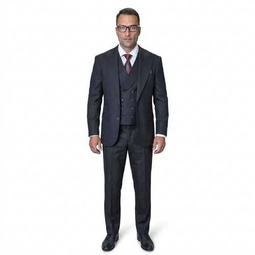 Mens Ticket Pocket Peak Lapel Double breasted Vest 100% Wool Tom Ford Style Modern Fit in Color "Black" By Statement