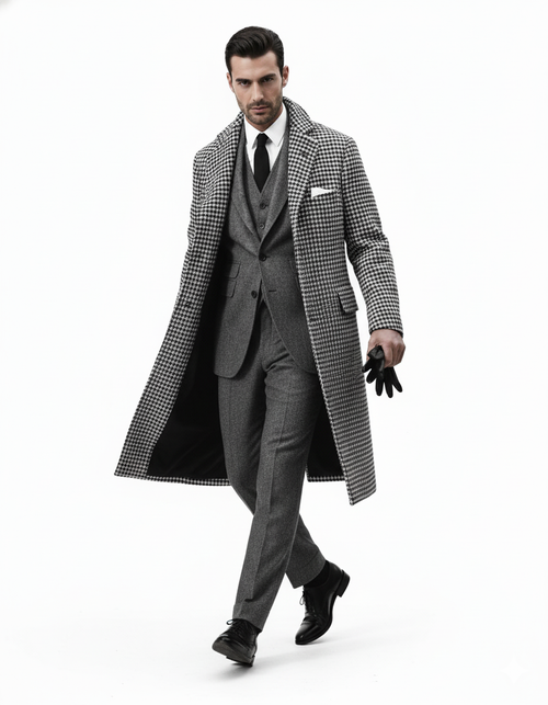 Houndstooth Overcoat - Black and White Checker And Cashmere Fabric Topcoat By Alberto Nardoni-New Designer Collection