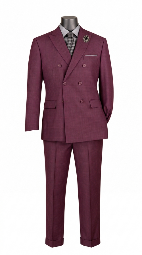2-Piece Double Breasted Glen Plaid Regular Fit Suit - Burgundy