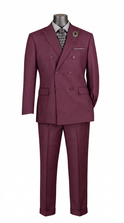 2-Piece Double Breasted Glen Plaid Regular Fit Suit - Burgundy