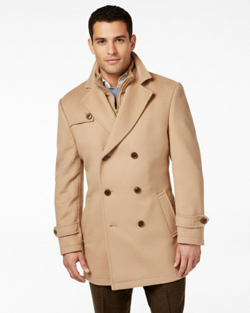 Camel Double-Breasted Wool-Blend Peacoat with Knit Bib