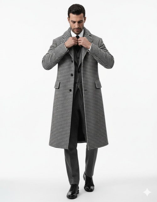 Houndstooth Overcoat - Black and White Checker And Cashmere Fabric Topcoat By Alberto Nardoni-New Designer Collection
