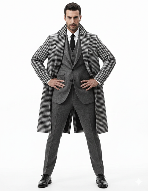 Houndstooth Overcoat - Black and White Checker And Cashmere Fabric Topcoat By Alberto Nardoni-New Designer Collection