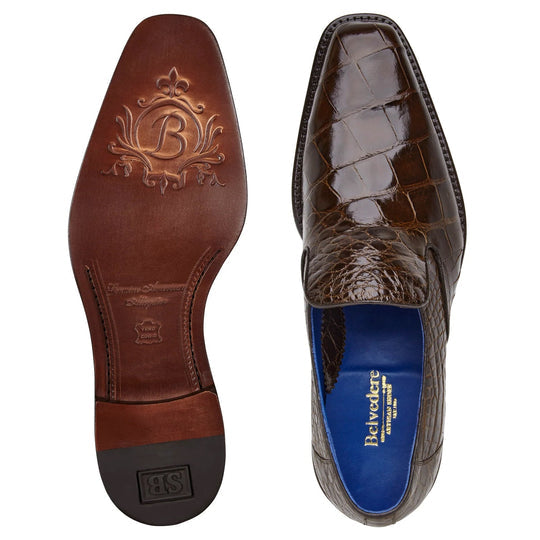 Men's Belvedere Genova Genuine Alligator Slip On Loafer Dress Shoe in Brown - 9-M