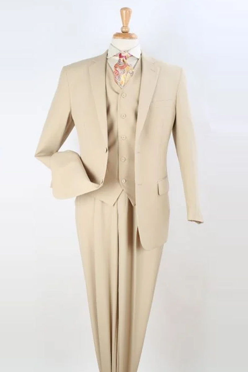 "Classic Fit Men's Two Button Vested Suit with Pleated Pants - Tan"